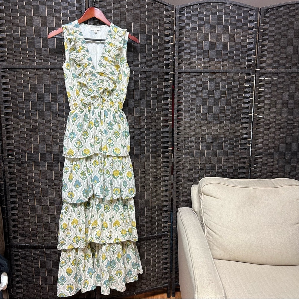 Tuckernuck tiered Charlotte maxi dress size XS yellow green cotton lightweight
